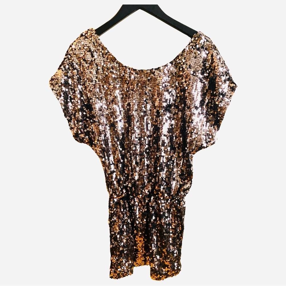 Arden B Sequin Dress XS Gold Cocktail Mini Lined Stretch Dolman Sleeves Sparkle